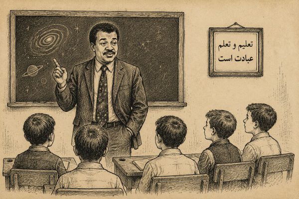 نیل دگراس تایسون در حال تدریس به دانش آموزان مدرسه راهنمایی آیت الله طالقانی شهر ایوان